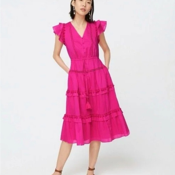 J. Crew Dresses & Skirts - J. Crew Vibrant Pink pom pom flutter sleeve Midi Dress